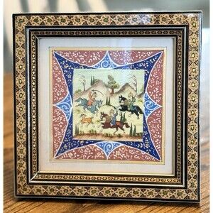 Vintage Persian Khatam Frame 7.5" x 7.5" with Hand Painting Horseback Warriors